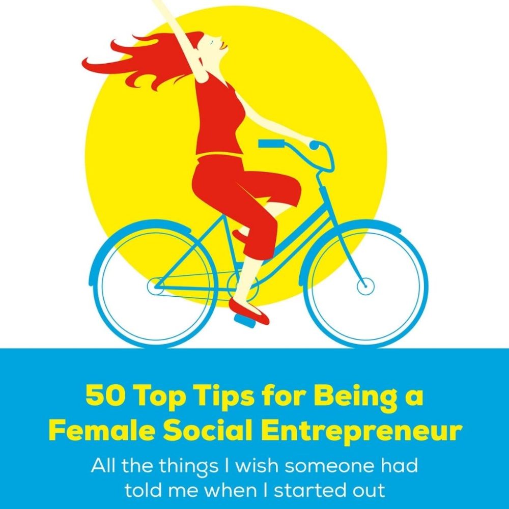Front cover of 50 Top Tips e-book, with a red silhouette of a woman riding a blue bike with a yellow circle behind them