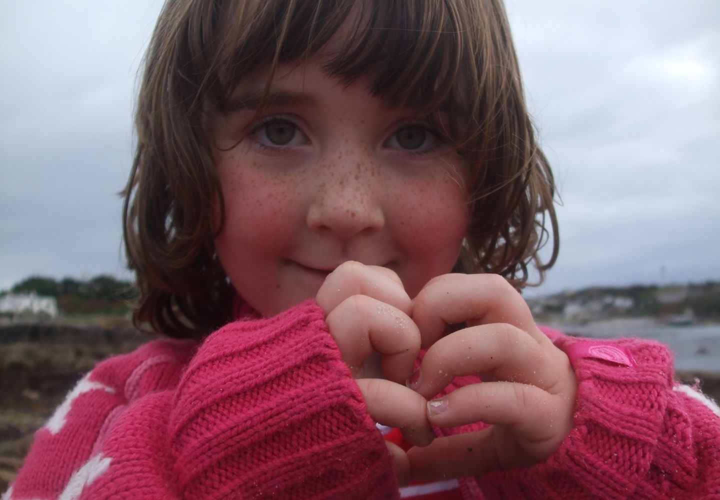 A little girl wearing a pink jumper 
